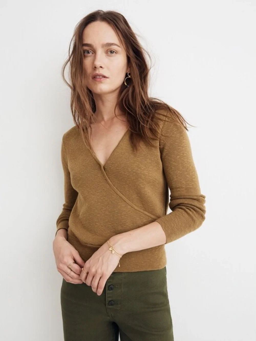 Madewell Wrap Front Pullover Sweater Spiced Olive Brass 2X